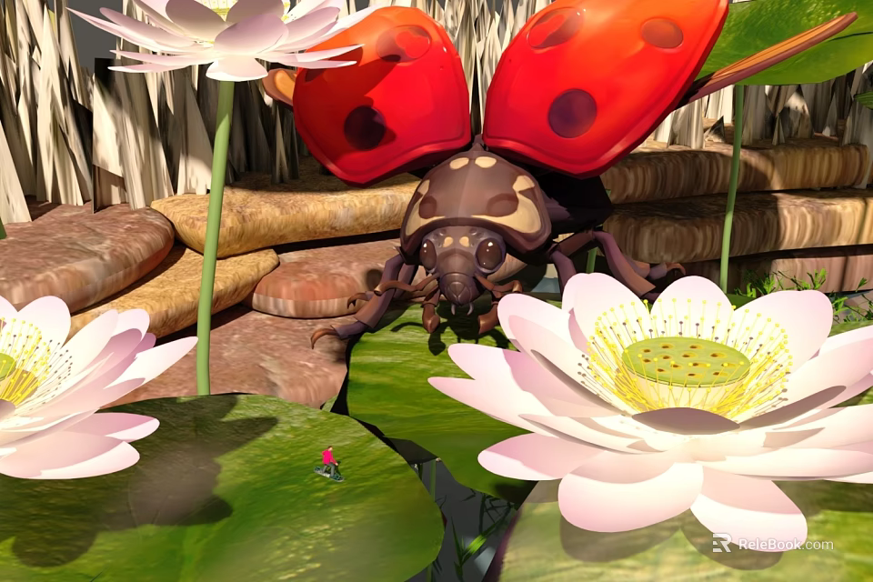 Garden Landscape With White Lotus Flowers Green Lily Pads And Red Spotted Ladybug 3d model 