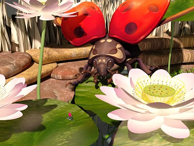 Garden Landscape With White Lotus Flowers Green Lily Pads And Red Spotted Ladybug 3d model