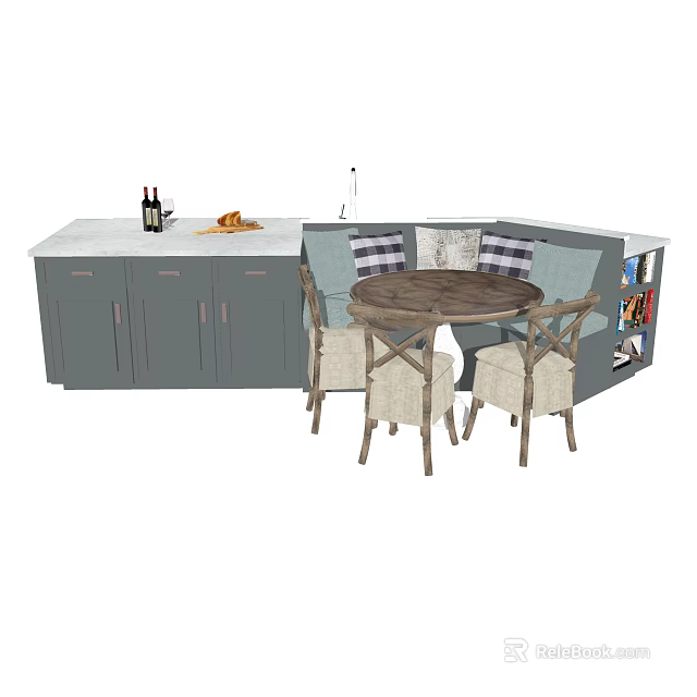 Cozy Dining Nook With Round Wooden Table Gray Cabinets And Booth Seating 3d model 