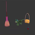 Essential Household Items Featuring Broom Black Cat Yellow Handbag And Red Key