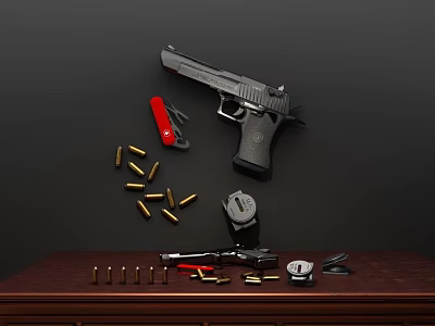 Handgun Pistol With Bullets Magazine And Accessories On Wooden Table Black Background 3d model