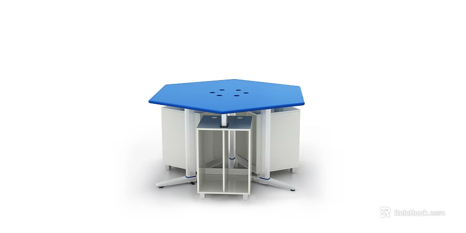 Functional Hexagonal Table with Blue Tabletop White Cabinets and Storage Space for Study 3d model