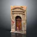 Classical Architectural Model Showcasing Arched Wooden Doorway With Carved Stone Trim