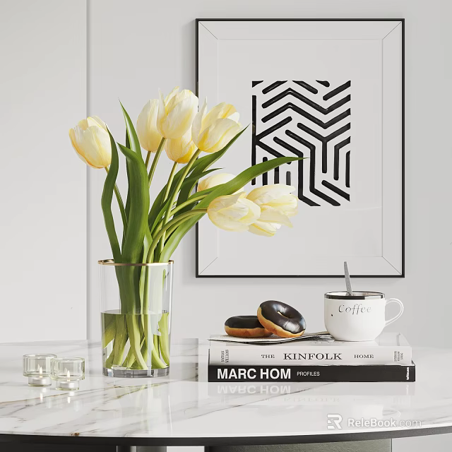 Modern Minimalist Decor Set With White Tulips Glass Vase Books Donuts Coffee Cup And Candles 3d model 