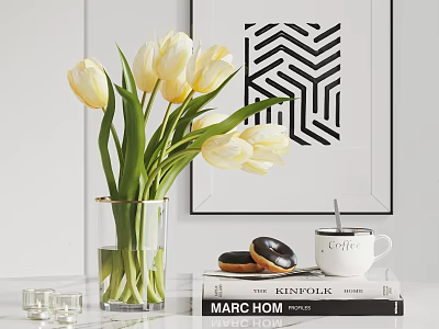 Modern Minimalist Decor Set With White Tulips Glass Vase Books Donuts Coffee Cup And Candles 3d model