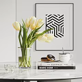 Modern Minimalist Decor Set With White Tulips Glass Vase Books Donuts Coffee Cup And Candles