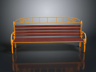 Elegant Yellow Metal Frame Bench With Wooden Seat And Decorative Scrolls 3d model