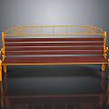Elegant Yellow Metal Frame Bench With Wooden Seat And Decorative Scrolls