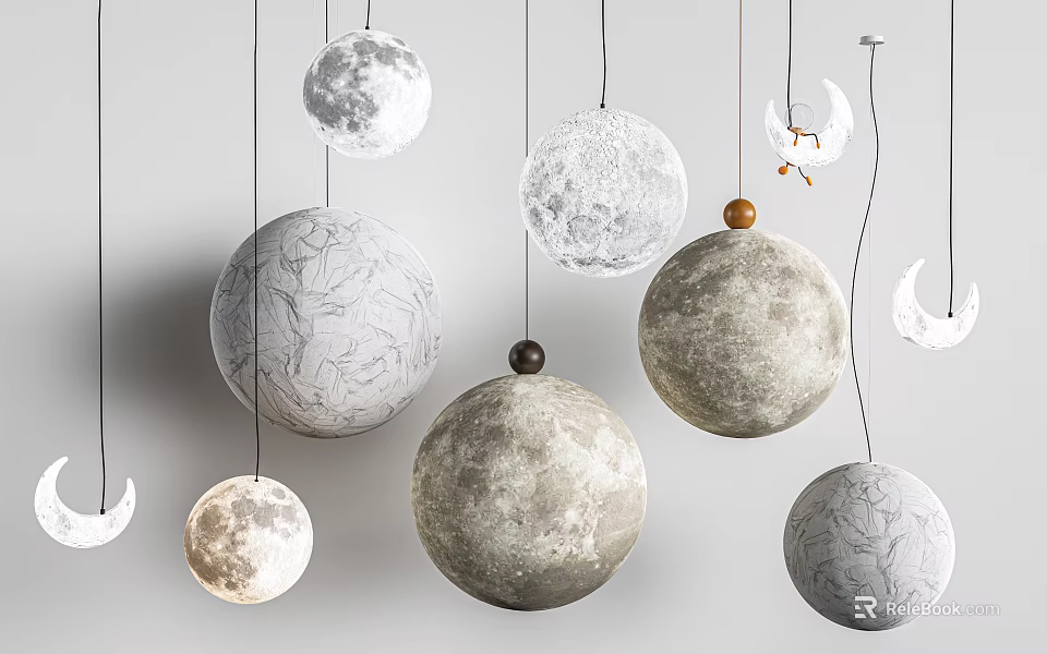Modern Moon Themed Pendant Lights With Lunar Surface Design Neutral Tones And Crescent Accents 3d model 