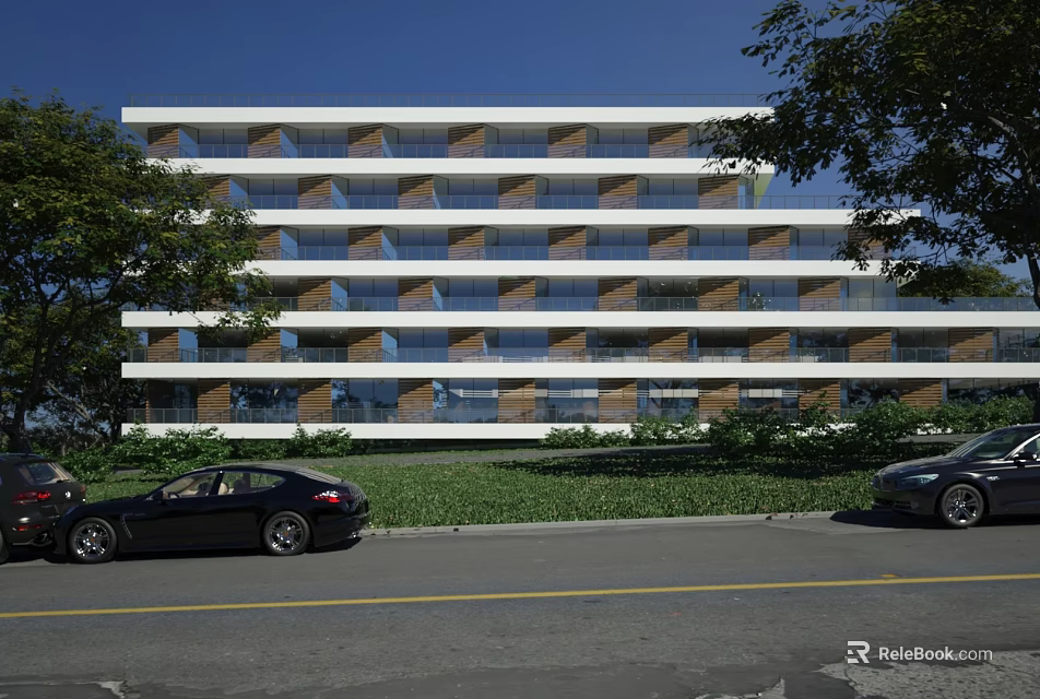Modern Multistorey Office Building Exterior With Road Cars And Greenery 3d model 