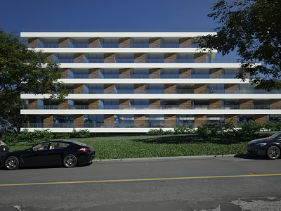 Modern Multistorey Office Building Exterior With Road Cars And Greenery 3d model