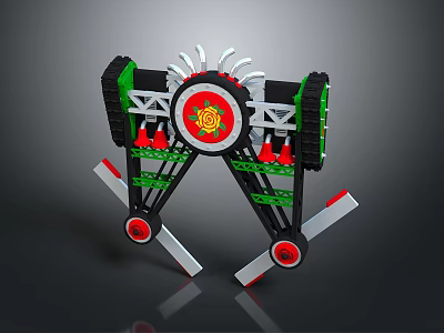 Mechanical Model With Black Green Structure Red Wheels White Blades And Central Red Yellow Emblem 3d model