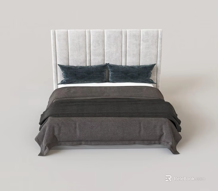 Upholstered White Headboard Double Bed With Navy Blue Pillows Dark Gray Bedspread 3d model