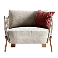 Single Sofa With Woven Armrests Beige Cushion And Red Geometric Pillow Wooden Legs