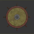 Circular Small Watercraft With Red Rim Yellow Surface Silver Center Disk And Paddles