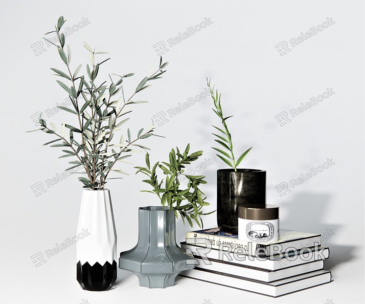 Modern Ornaments Combination Vase Plant Vase Ornaments Book Artwork Branches Green Leaf Flowers model