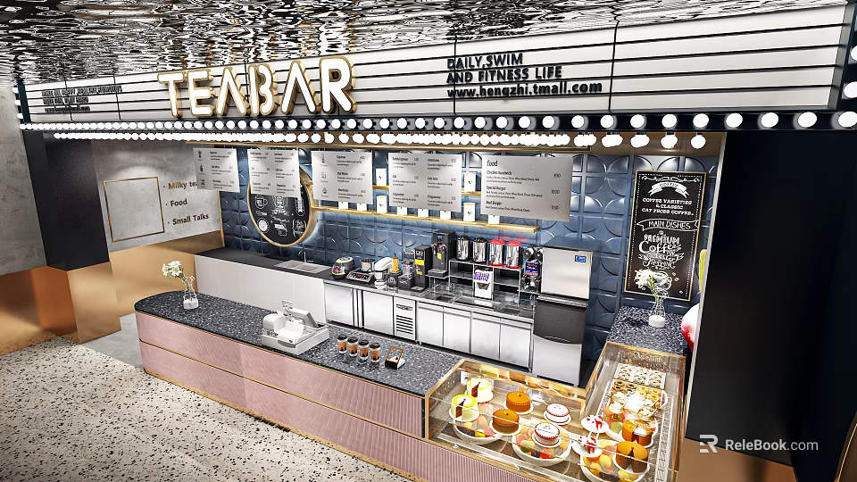 Modern Tea Bar Interior With Counter Pastries And Menu Displays 3d model