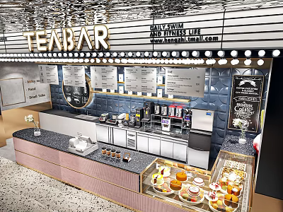 Modern Tea Bar Interior With Counter Pastries And Menu Displays 3d model