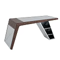 Modern Unique Desk Design With Smooth Tabletop Woven Panels Geometric Legs And Storage Shelves