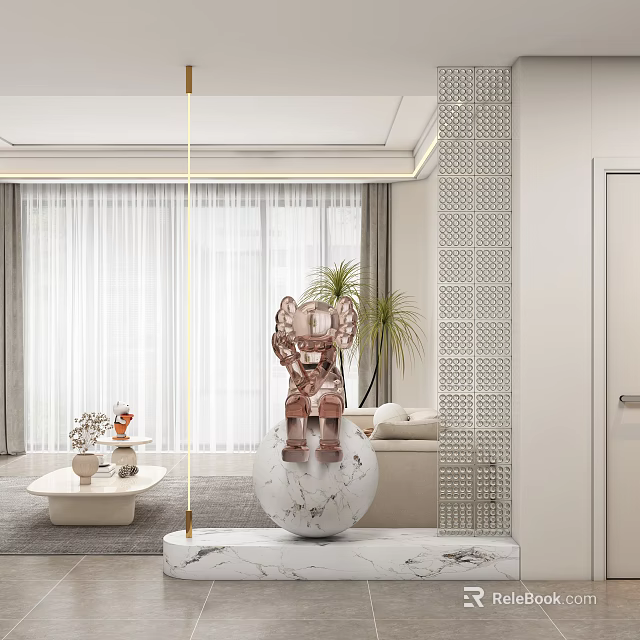 Elegant Modern Living Room With Rose Gold Laser Cut Partition And Decorative Plants 3d model 