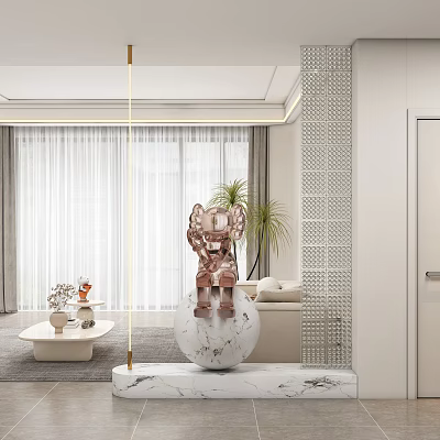 Elegant Modern Living Room With Rose Gold Laser Cut Partition And Decorative Plants 3d model