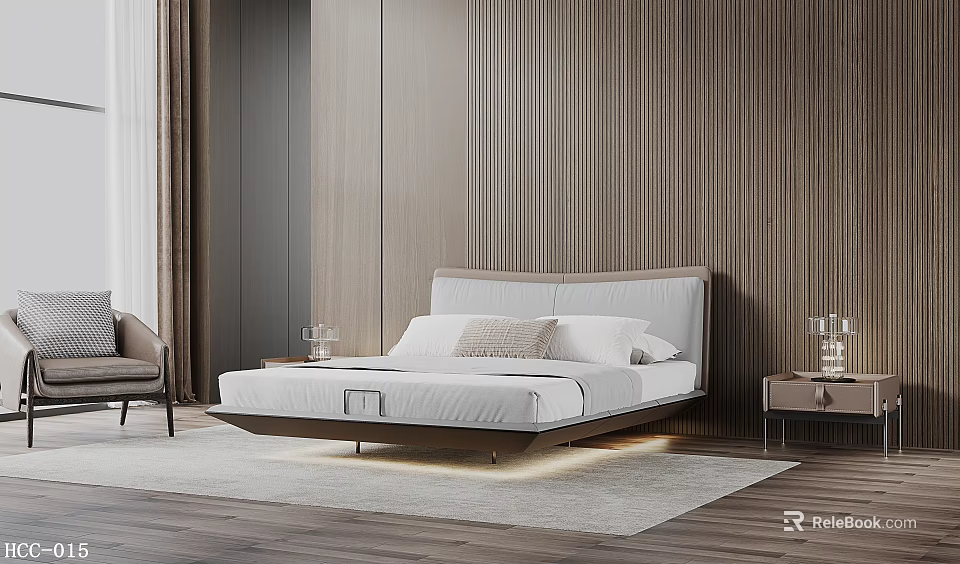 Modern Minimalist Double Bed In Bedroom With Wooden Panel Wall Floating Design And Bedside Tables 3d model 