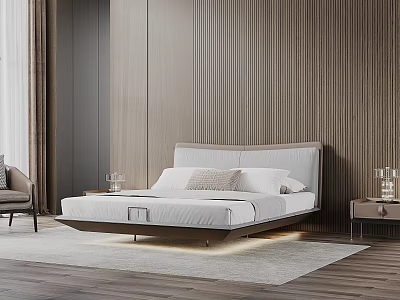 Modern Minimalist Double Bed In Bedroom With Wooden Panel Wall Floating Design And Bedside Tables 3d model