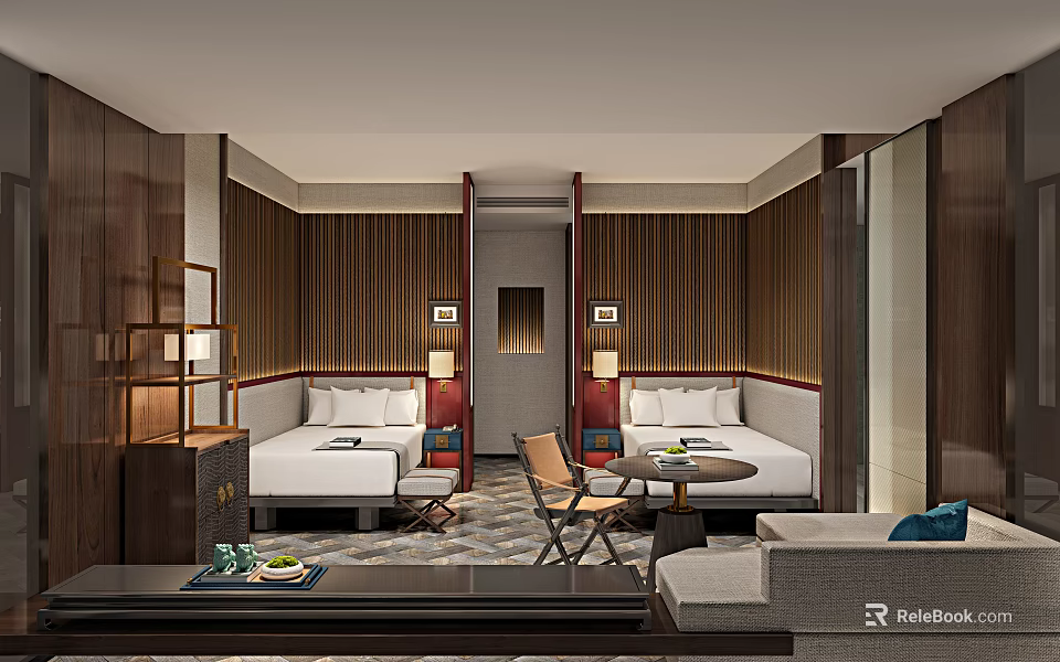 Hotel Guest Room Modern Design With Twin Beds Wooden Decor Sofa And Table Chairs 3d model 