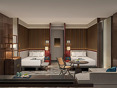 Hotel Guest Room Modern Design With Twin Beds Wooden Decor Sofa And Table Chairs 3d model