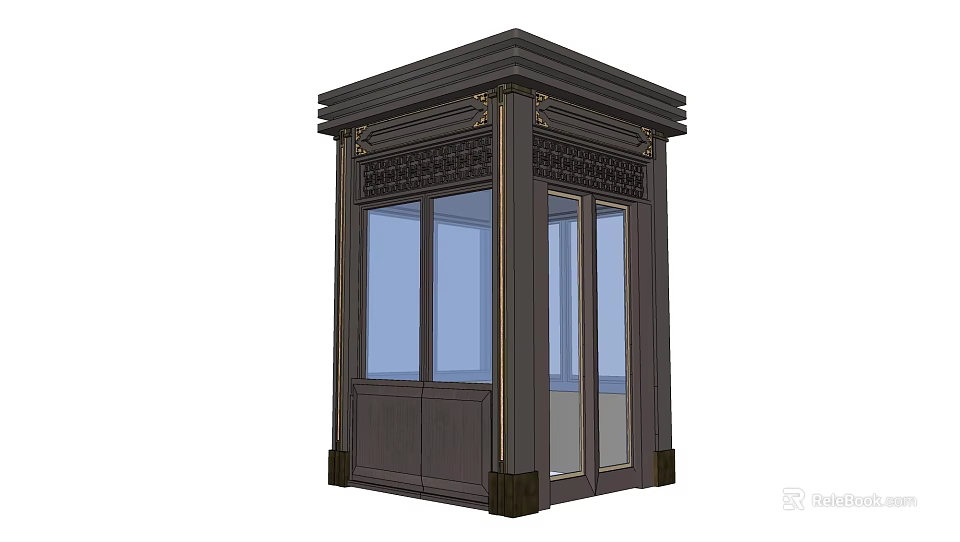 Dark Brown Security Guard Booth With Glass Panels And Ornate Decorative Columns 3d model 
