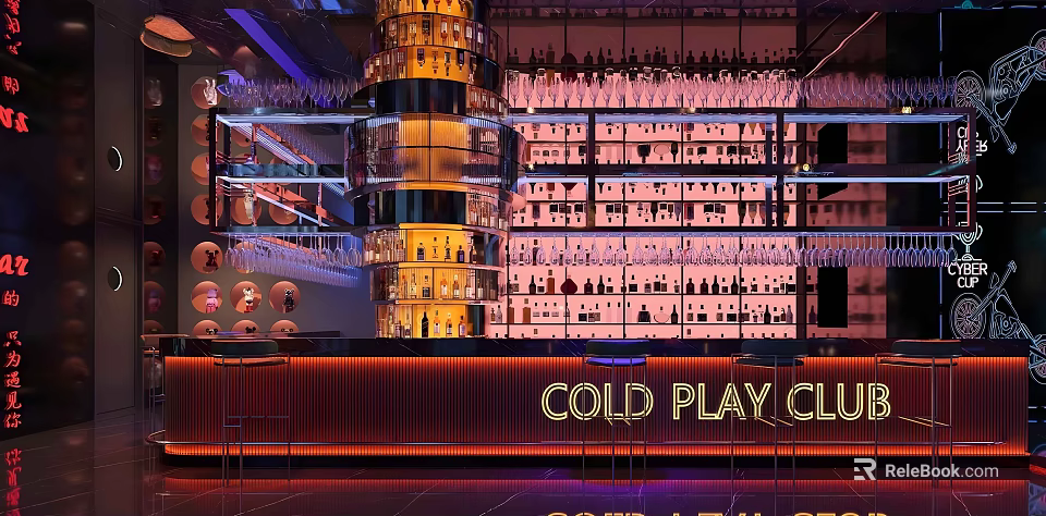 Elegant Cold Play Club Bar With Shelves Full Of Wine Bottles And Counter 3d model 