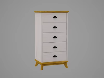 White Chest of Drawers with Five Drawers Light Wood Top and Wooden Legs Simple Design 3d model