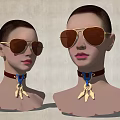 Woman Wearing Aviator Sunglasses With Neck Collar Featuring Blue Detail And Golden Feather Pendant