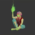 Game Movie Character With Blue Gray Hair Holding Green Glowing Object Sitting Barefoot