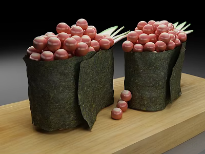 Pink Round Fruits Wrapped in Seaweed Bowls on Wooden Tray with Scattered Pieces 3d model