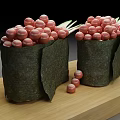 Pink Round Fruits Wrapped in Seaweed Bowls on Wooden Tray with Scattered Pieces