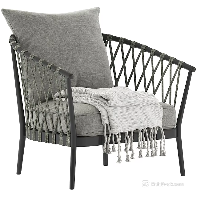 Modern Leisure Chair With Metal Frame Woven Design Gray Cushion And Tassel Blanket 3d model 