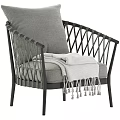 Modern Leisure Chair With Metal Frame Woven Design Gray Cushion And Tassel Blanket