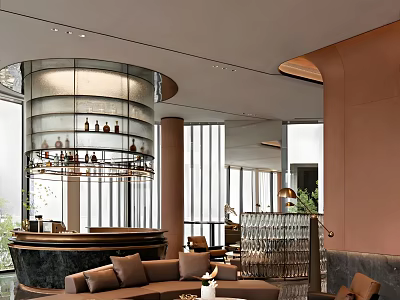 Modern Sales Office Interior With Circular Display Cabinet Large Windows And Sofas 3d model