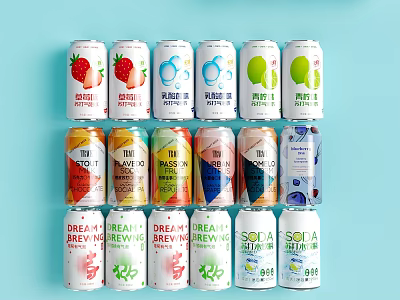 Vibrant Fruit Beverage Cans with Various Flavors on Light Blue Background 3d model