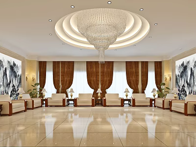 Hotel Public Lounge Area With Luxurious Chandelier Comfortable Sofas And Decorative Paintings 3d model