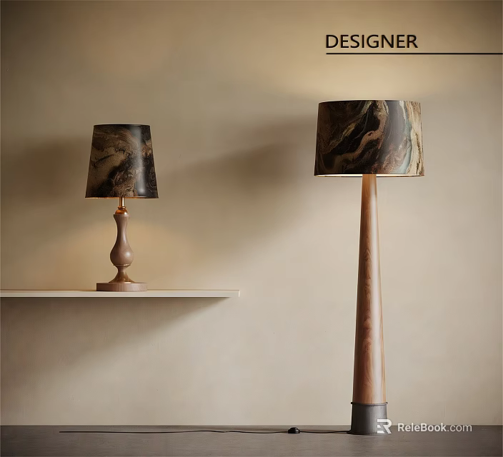 Modern Floor Lamp With Wooden Stand And Patterned Lampshade Against Beige Wall 3d model 