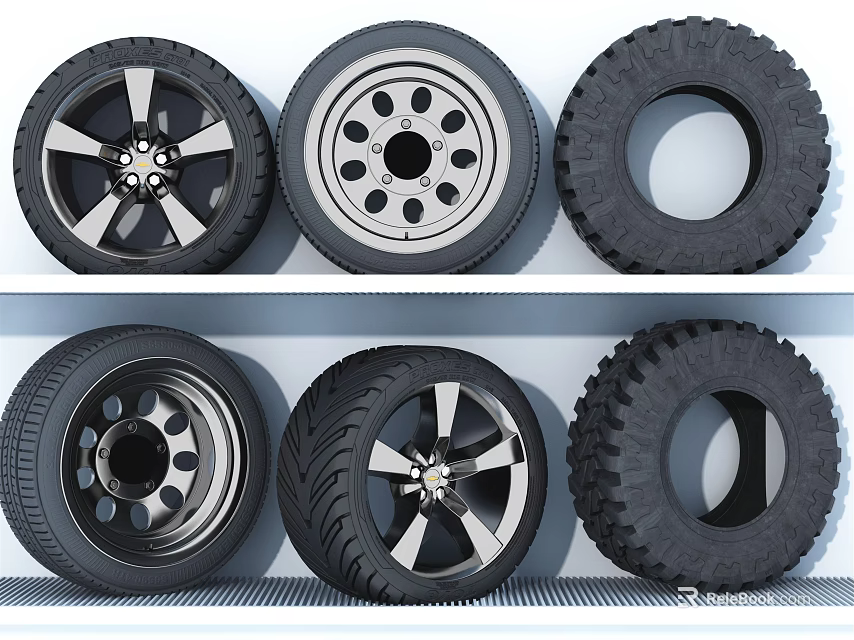 Various Car Tire Designs With Different Wheel Rims And Tread Patterns 3d model