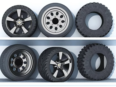 Various Car Tire Designs With Different Wheel Rims And Tread Patterns 3d model