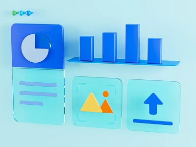Data Visualization Elements Display With Pie Bar Line Charts Triangles And Upward Arrow 3d model