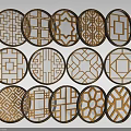 Decorative Lattice Windows With Gold And Black Frames In Circular Oval Shapes