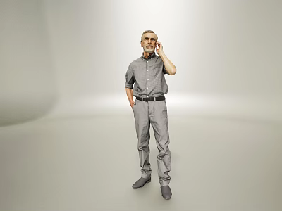 A Man Wearing Grey Shirt And Pants Standing In Simple Background With Hand Near Ear 3d model
