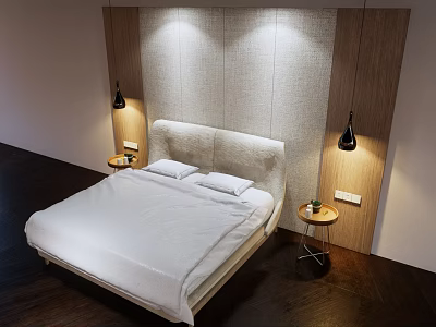 Modern Double Bed Interior Design With Upholstered Headboard Wall Lamps And Wooden Nightstands 3d model