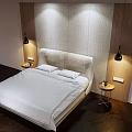Modern Double Bed Interior Design With Upholstered Headboard Wall Lamps And Wooden Nightstands