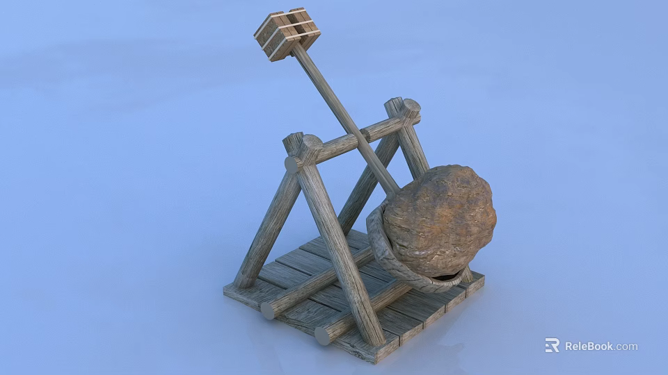 Ancient Wooden Catapult Weapon with Triangular Frame Lever and Stone Projectile 3d model